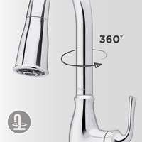 Thumbnail for Pfister Rosslyn Kitchen Faucet with Pull Down Sprayer and Soap Dispenser, Single Handle, High Arc, Polished Chrome Finish, F5297RSSRC