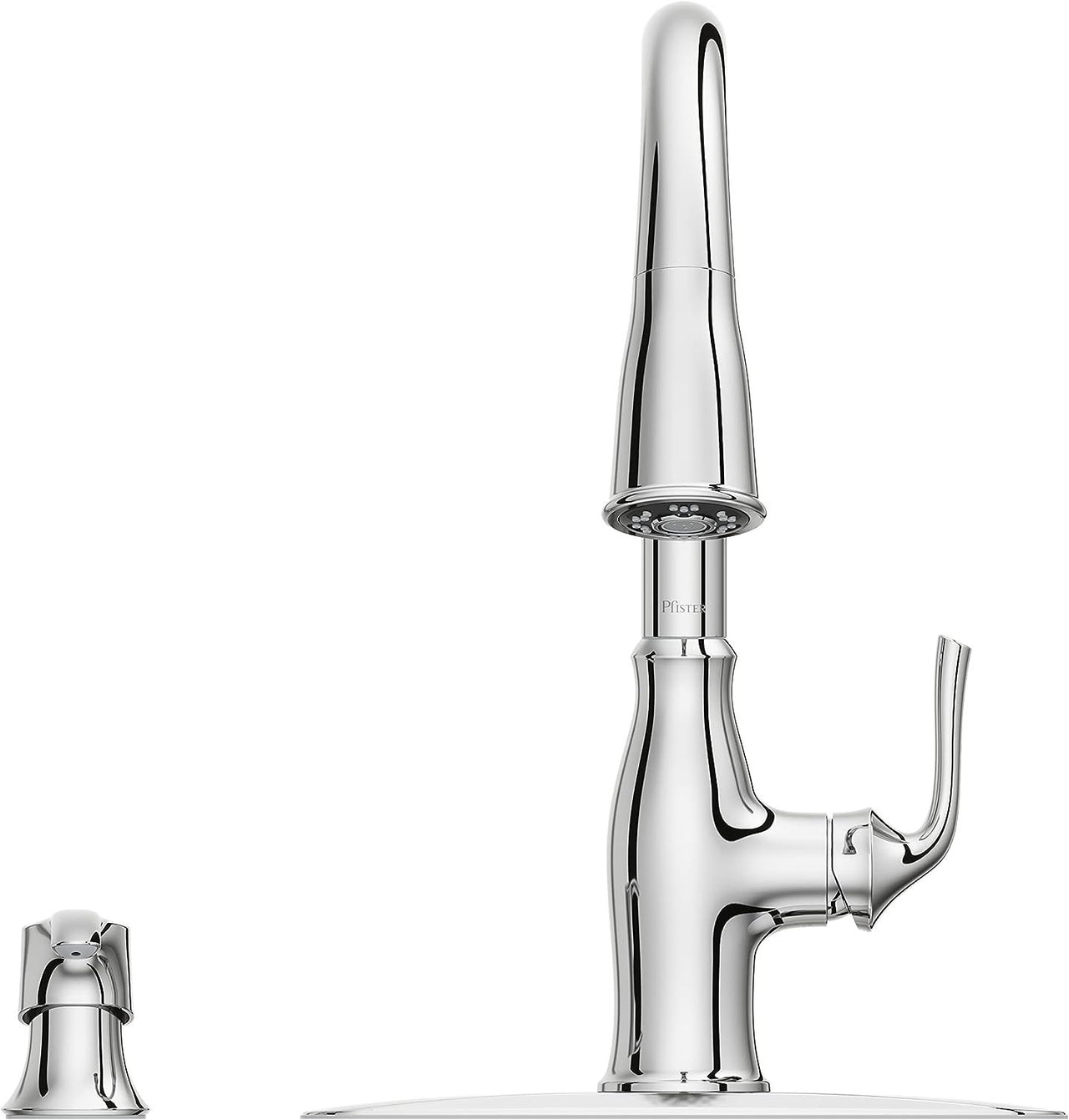 Pfister Rosslyn Kitchen Faucet with Pull Down Sprayer and Soap Dispenser, Single Handle, High Arc, Polished Chrome Finish, F5297RSSRC